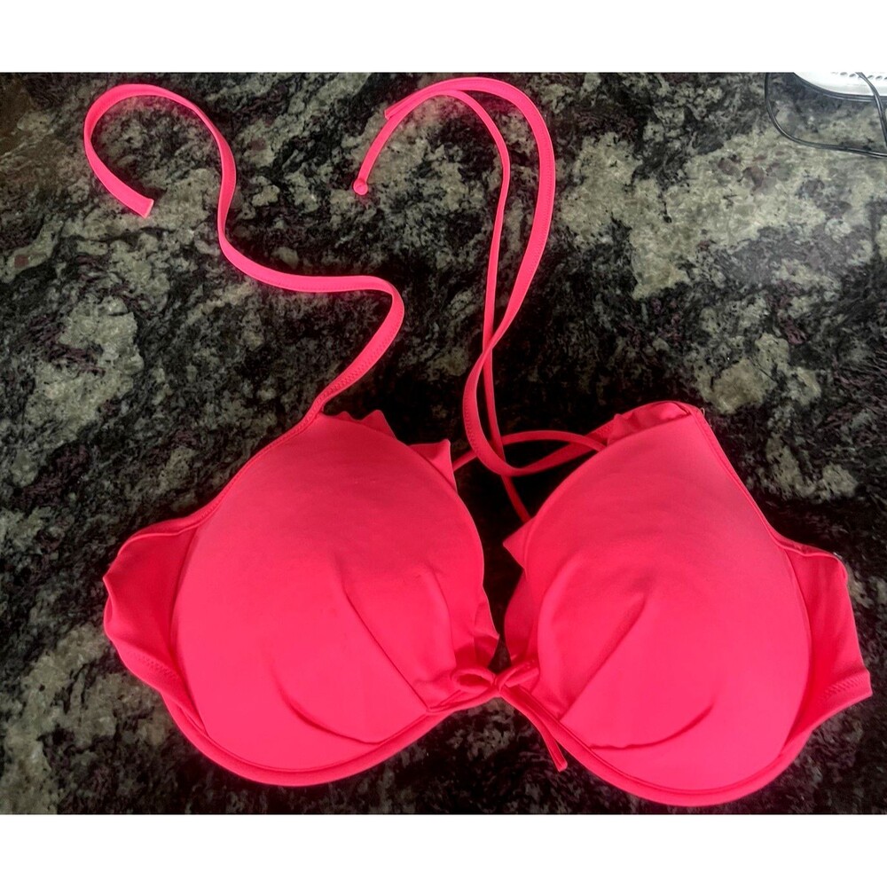 Victoria's Secret Bikini Top Womens 36DD Push Up Neon Pink Strappy Swimmwear Y2K